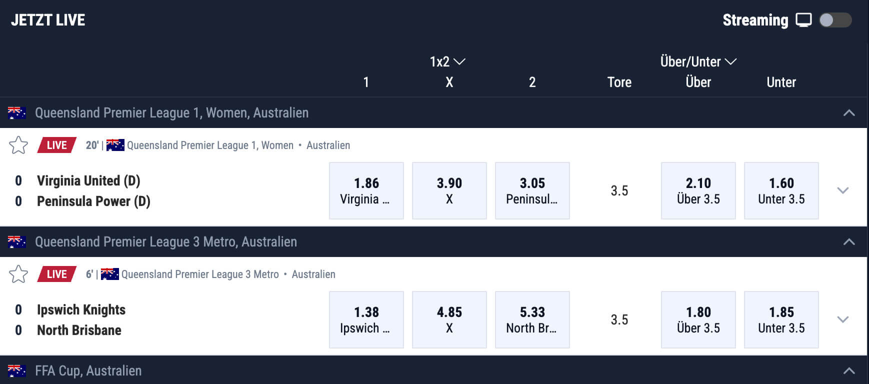 Live-Wetten Interface